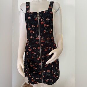 Elegant Floral Black Mini Dress with Zipper with pockets